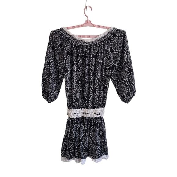 Free People Floral Off Shoulder Mini Dress Small Black Crochet Mini Cottage Boho - Picture 2 of 13